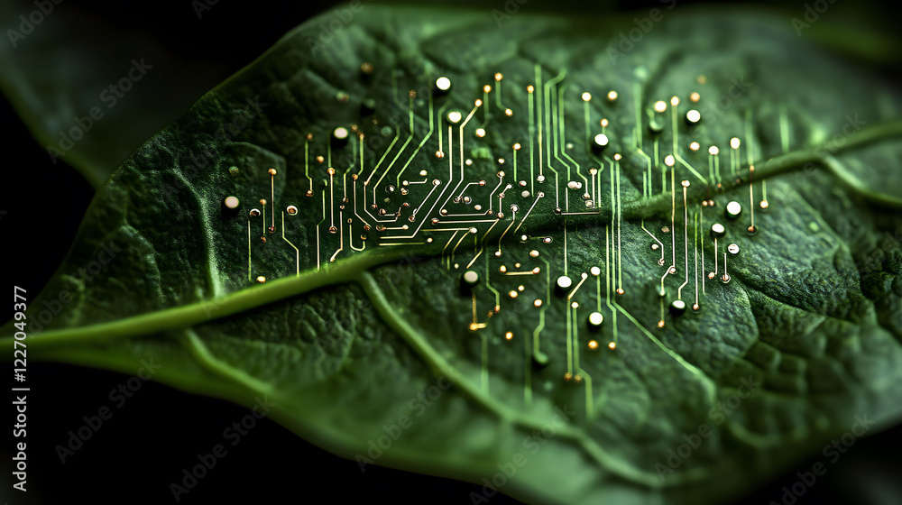 A Close-Up of a Green Leaf Integrated with a Circuit Board, Symbolizing the Fusion of Nature and Technology in a Harmonious Design A Close-Up of a Green Leaf Integrated with a Circuit Board, Symbolizing the Fusion of Nature and Technology in a Harmonious Design