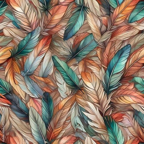 A vibrant and intricate pattern of overlapping feathers in various shades of orange teal and brown creating a visually captivating and textured design