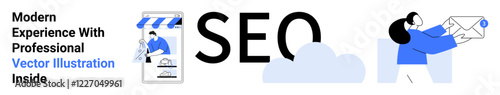 SEO lettering with storefront graphic, cloud design, and person holding email. Ideal for digital marketing, e-commerce, branding, advertising, search optimization, data strategy flat landing page