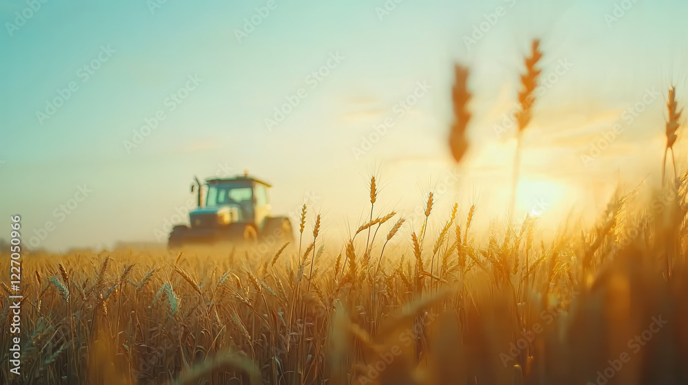 Fototapeta premium tractor working in golden wheat field during sunset creates serene atmosphere