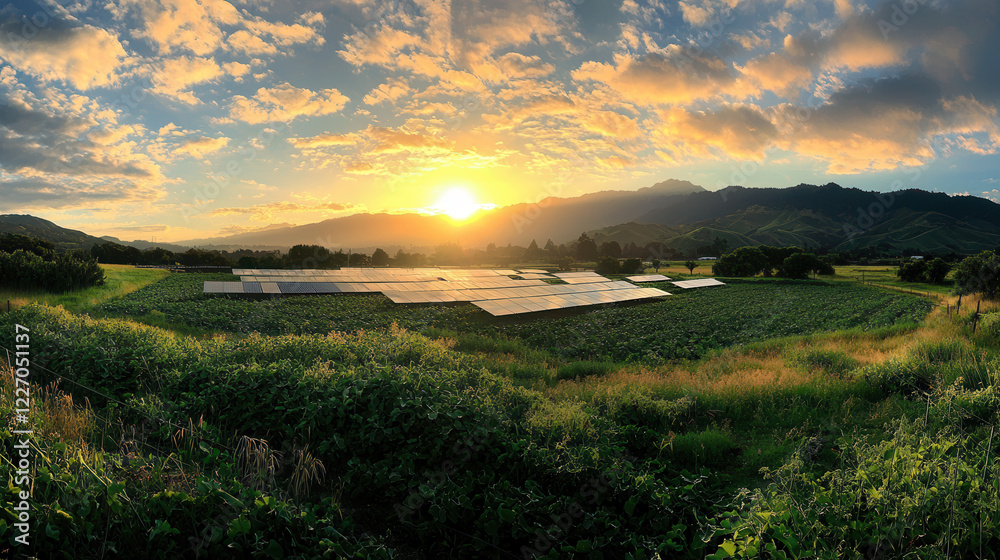 Fototapeta premium stunning sunset over field of solar panels, showcasing renewable energy in nature beauty