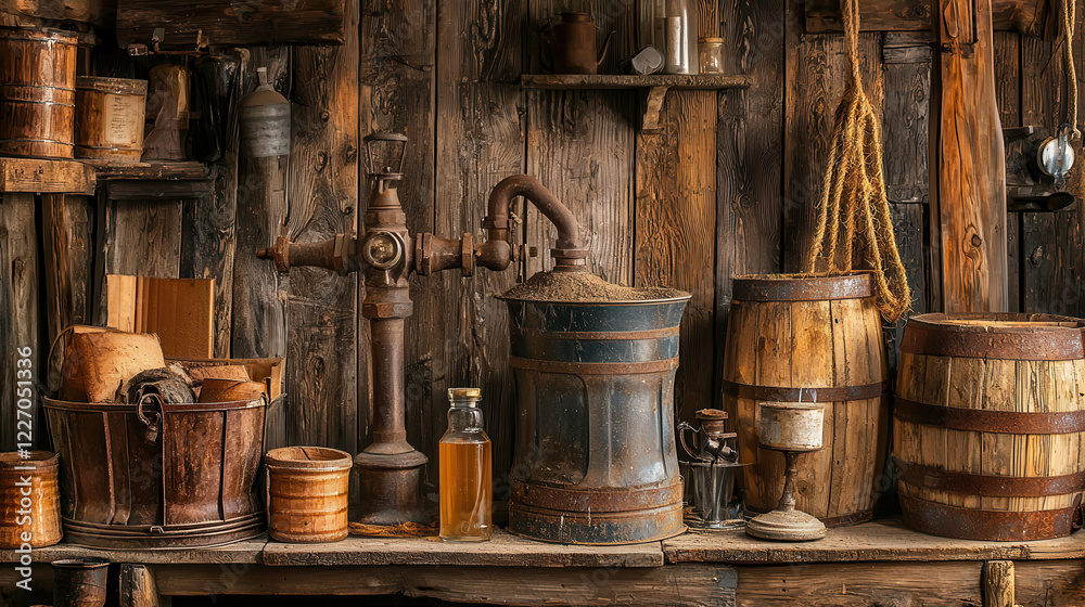 Rustic wooden shelves display old fashioned water pump, barrels, and jars, evoking nostalgic atmosphere