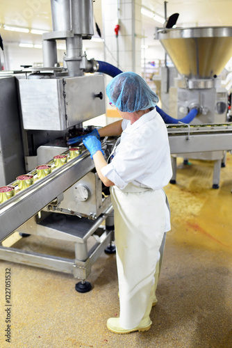 woman on the assembly line a large slaughterhouse - industrial production of sausages 