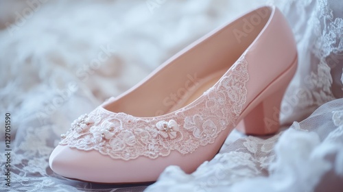Wallpaper Mural A soft pink wedge heel with lace embellishments placed on a delicate lace fabric Torontodigital.ca