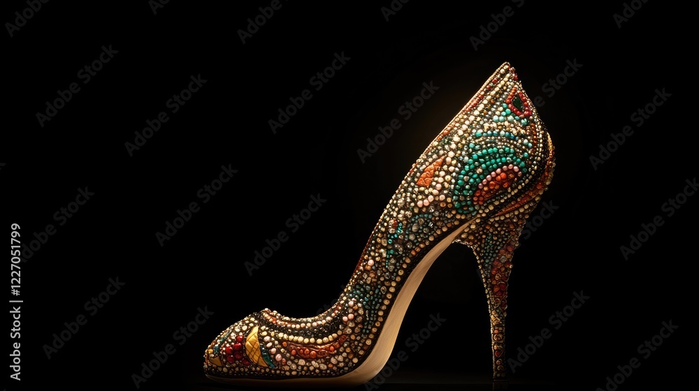 Obraz premium A striking wedge heel with intricate beading and embroidery, illuminated by soft directional lighting