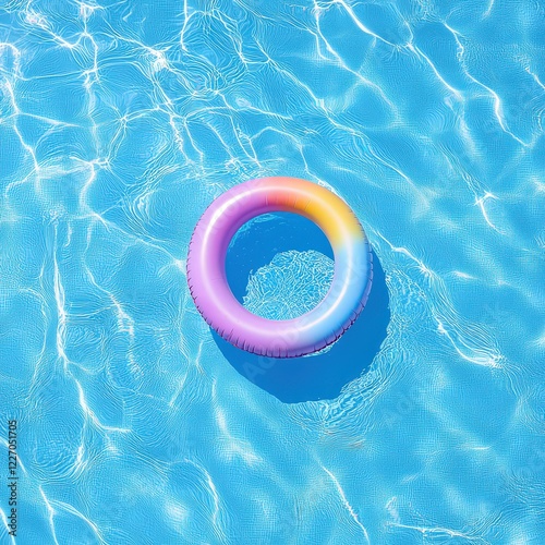 Top view of a colorful inflatable ring floating in a swimming pool on a sunny day