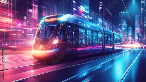 Futuristic tram night city travel transport