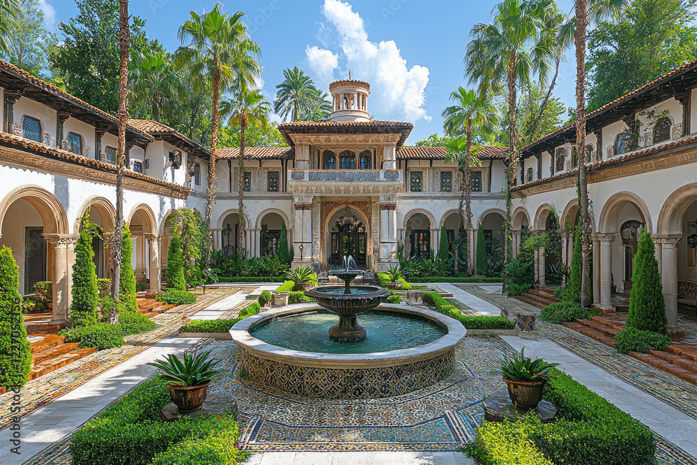 Obraz premium Spanish courtyard with fountain, arches, palm trees. Ideal for architecture, travel