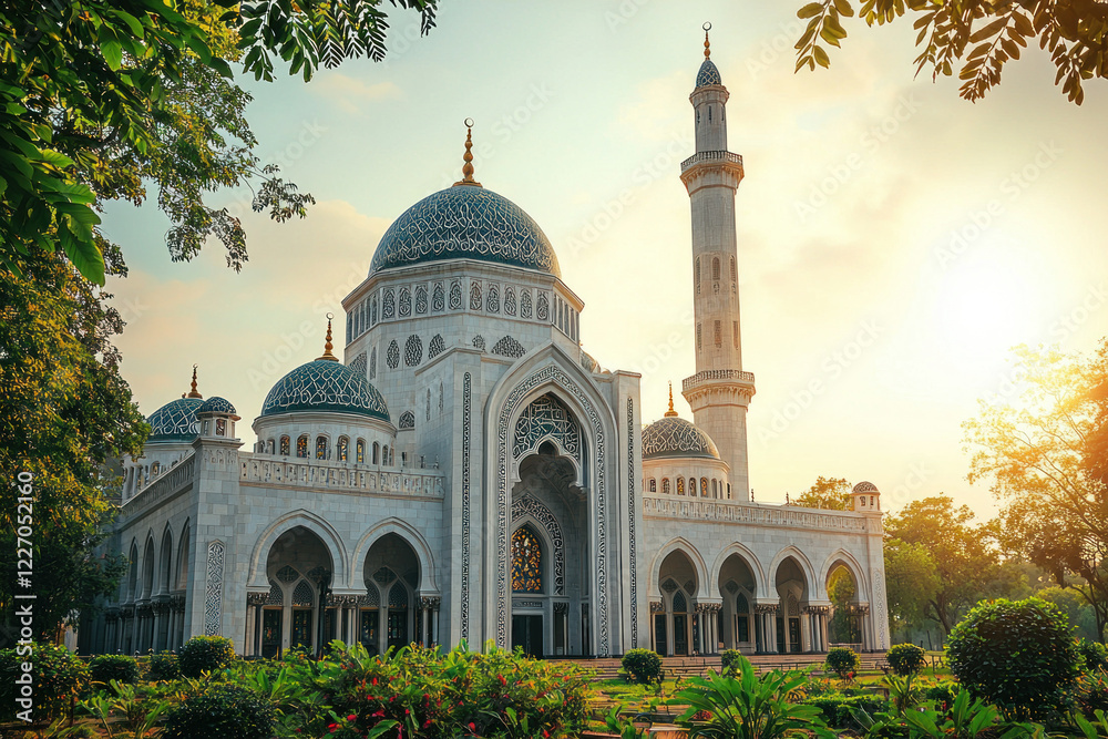 Fototapeta premium Grand mosque at sunrise, serene garden setting, suitable for religious or travel content