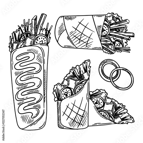 Kebab sketch. Set of street food. Vector shawarma, burrito, pita bread, kebab, doner, gyro. Hand drawing sketches
