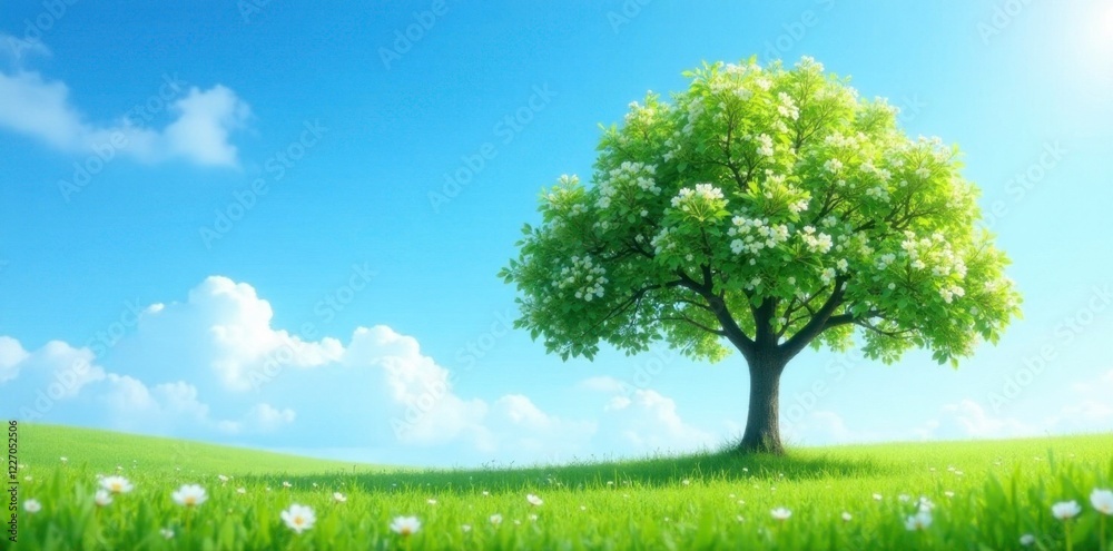 Single tree against a bright blue sky with blooming white flowers and lush green foliage, meadow, greenery Single tree against a bright blue sky with blooming white flowers and lush green foliage, meadow, greenery