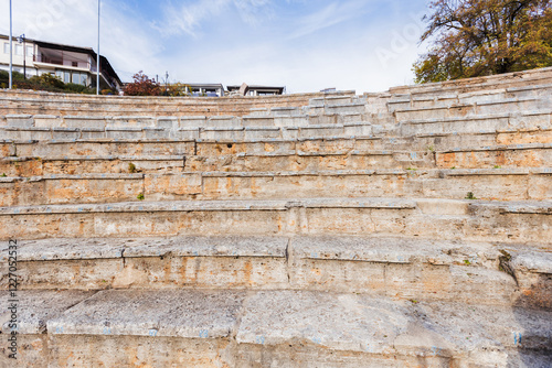 Close-up view of the stone steps of the ancient theater in Ohrid.