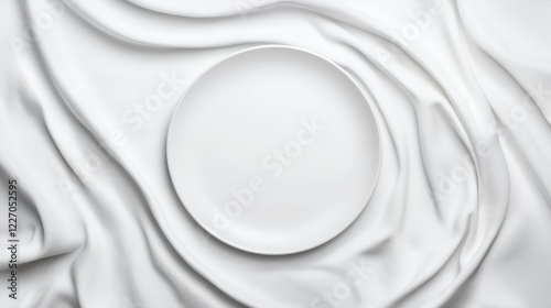 Top view of white empty plate on white silk fabric background for elegant dining presentation