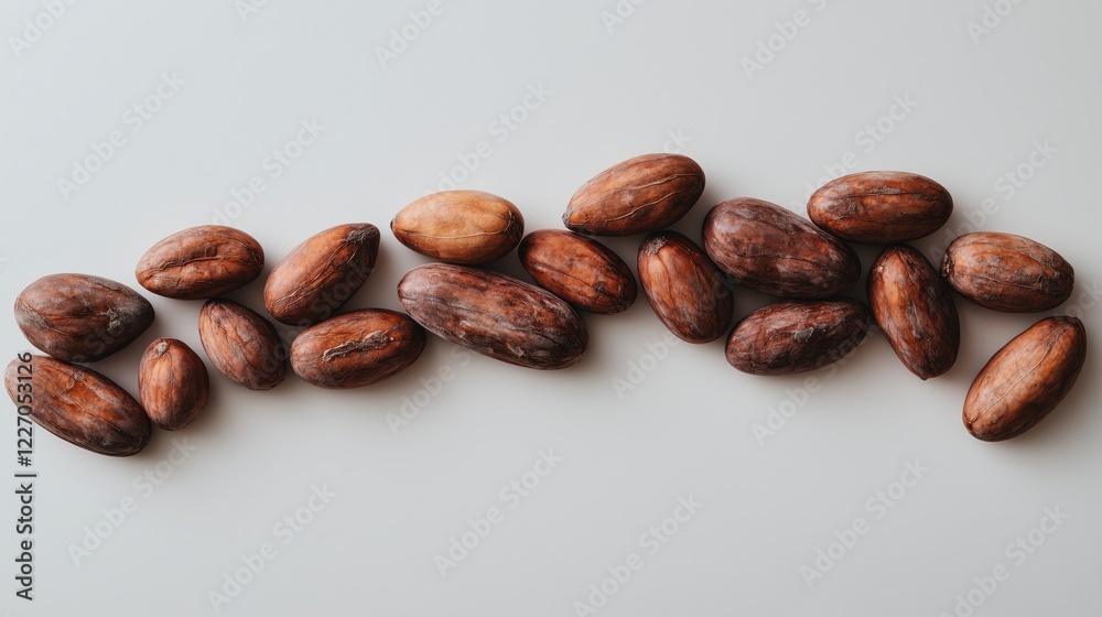 Naklejka premium Cacao pods arranged on a neutral background showcasing their natural colors and textures