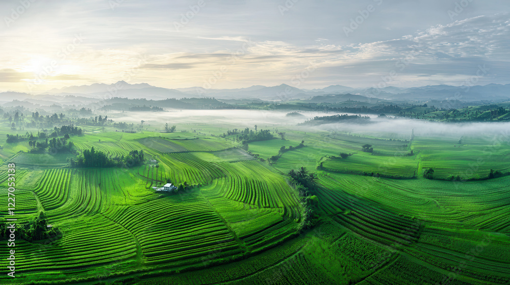 Fototapeta premium Aerial view of lush green agricultural landscape with rolling hills and mist