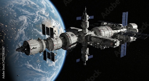 Fototapeta Naklejka Na Ścianę i Meble -  Space Station Orbiting Earth Stunning 3d Render