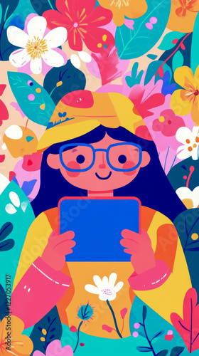 Girl with Glasses Using Tablet Amidst Vibrant Floral Illustration