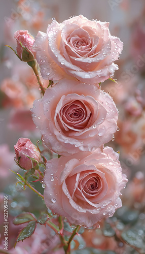 Pink roses with water drops Close-Up Photograph Of Three Delicate Pink Roses In Bloom