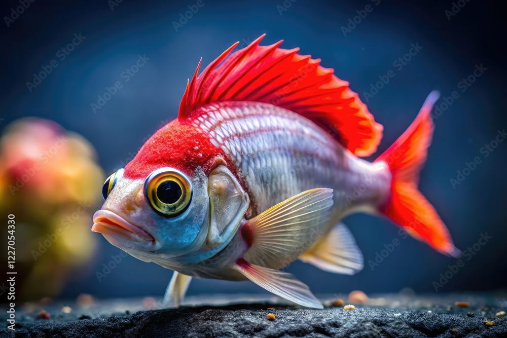 Fototapeta premium Juvenile Red Cap Cichlids: shimmering silver scales, vibrant red heads, aquatic elegance defined.