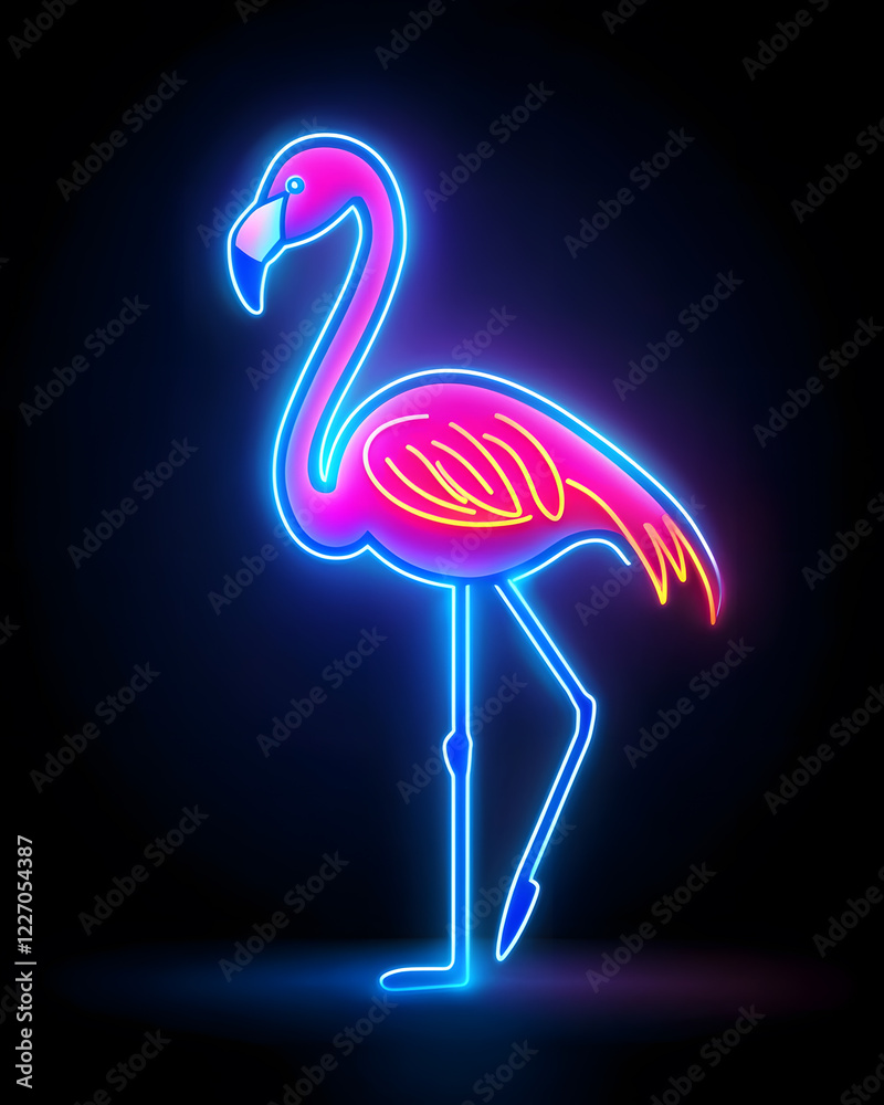 Obraz premium Glowing neon logo with vibrant pink flamingo, isolated on dark background