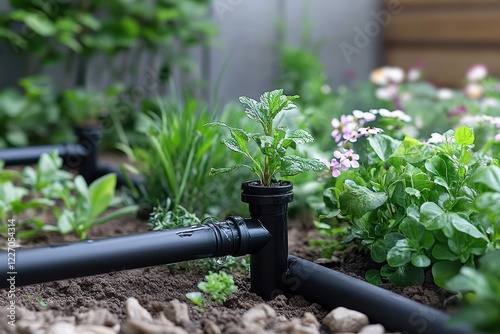 Drip irrigation system waters a mint plant. Efficient, water-saving method for gardening. photo