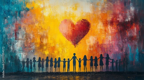 Abstract painting depicting a group of people holding hands beneath a large heart against a vibrant background