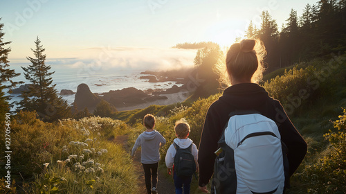 Family hiking along a coastal path during sunset by the ocean with lush greenery in the foreground photo