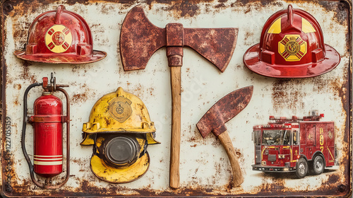 Firefighting equipment vector rusty metal plates, protective helmet, gas mask, axe and extinguisher, hydrant or fire truck. Firefighter department vintage rust tin signs, ferruginous retro posters set photo