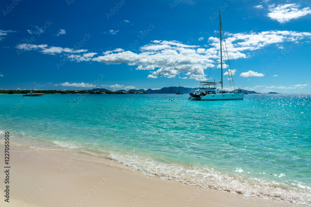 Fototapeta premium Sailboat in Randezvous Bay, Caribbean beach and landscape, Anguilla island, British West Indies