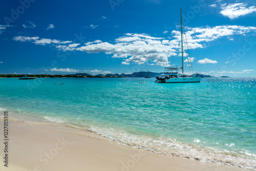 Fototapeta Naklejka Na Ścianę i Meble -  Sailboat in Randezvous Bay, Caribbean beach and landscape, Anguilla island, British West Indies