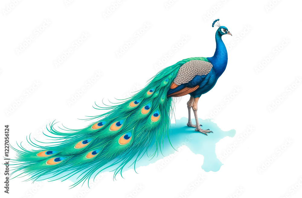 Fototapeta premium Watercolor illustration depicts a majestic peacock standing gracefully to its full height, with brightly colored feathers spread out like a fan. Peacock bird isolated on a white background.