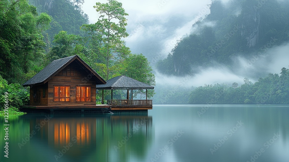 Obraz premium Serene Lakeside Cabin Nestled Amongst Misty Mountains