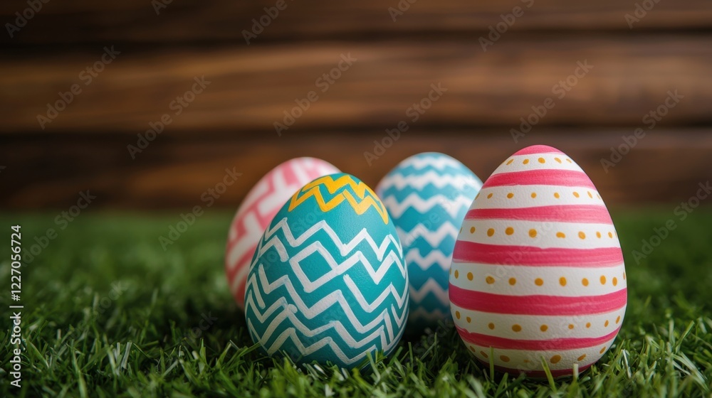 Fototapeta premium Easter day concept. Vibrant Geometric Easter Eggs with Whimsical Patterns on Grassy Background