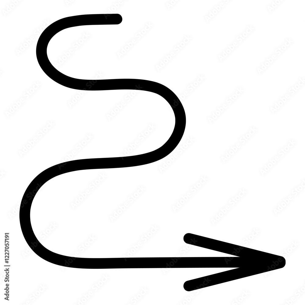 Arrow curly. Sketch. Black sign of arrow is twisting. Hand drawn pointer. Vector illustration. Wavy pointer, pointing down and to the right. Outline on isolated white background. Doodle style. Arrow curly. Sketch. Black sign of arrow is twisting. Hand drawn pointer. Vector illustration. Wavy pointer, pointing down and to the right. Outline on isolated white background. Doodle style.