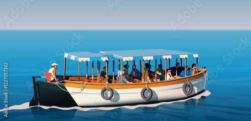 A boat with tourists sails on the sea. Vector.