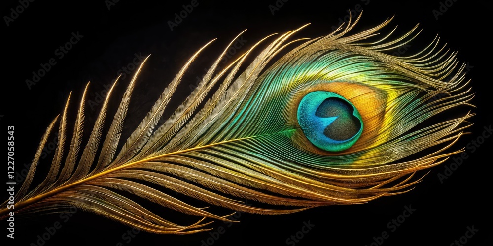 Obraz premium Opulent gold and teal peacock feather, a luxurious nature close-up.