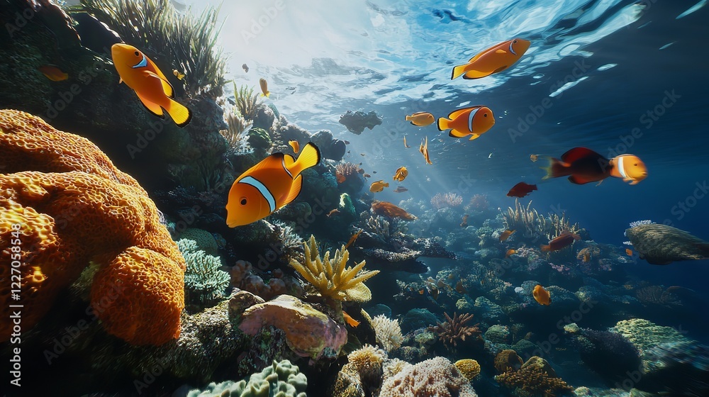 Obraz premium Colorful Reef Fish Swimming Above a Vibrant Coral Reef