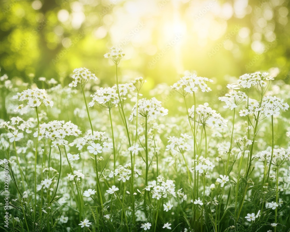 Fototapeta premium Wildflowers, Spring Meadow, Soft Sunlight, Bokeh Background, Green Grass, Nature, Summertime