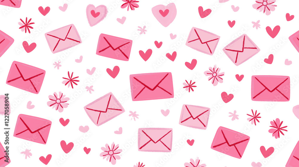 Whimsical pattern with pink envelopes, red hearts, simple daisies transparent image. Love theme isolated cutout. Valentines day. Romantic decorative cut out clipart design elements png Whimsical pattern with pink envelopes, red hearts, simple daisies transparent image. Love theme isolated cutout. Valentines day. Romantic decorative cut out clipart design elements png