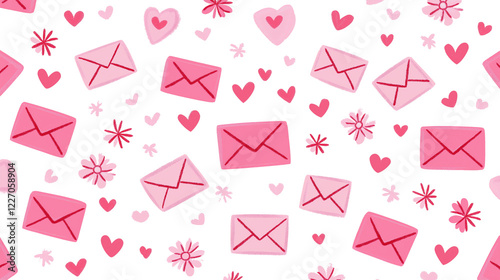 Whimsical pattern with pink envelopes, red hearts, simple daisies transparent image. Love theme isolated cutout. Valentines day. Romantic decorative cut out clipart design elements png
