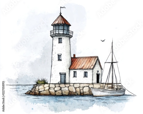 Wallpaper Mural Coastal Lighthouse Scene With Small Boat Docked Nearby Torontodigital.ca