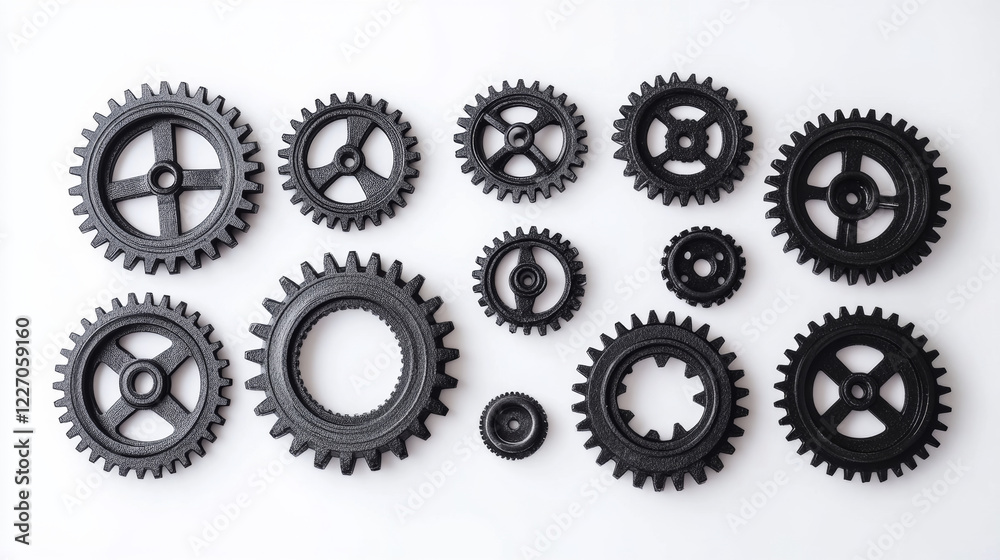 Machine gears and pinions black silhouettes seamless pattern of spur cogwheels on white background for industrial design Machine gears and pinions black silhouettes seamless pattern of spur cogwheels on white background for industrial design