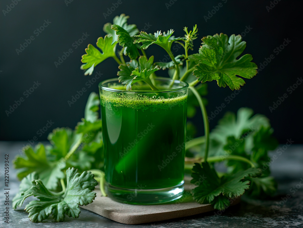 Glass of celery juice on dark background Glass of celery juice on dark background