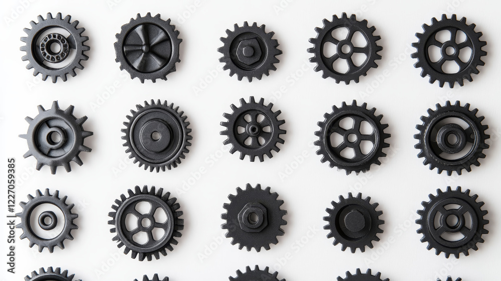 Machine gears and pinions black silhouettes seamless pattern of spur cogwheels on white background for industrial design Machine gears and pinions black silhouettes seamless pattern of spur cogwheels on white background for industrial design