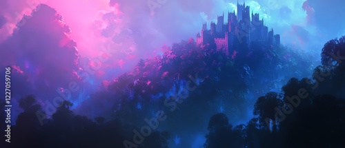 Enchanted castle nestled in a mystical forest, bathed in ethereal pink and blue light.  Dreamlike fantasy landscape.