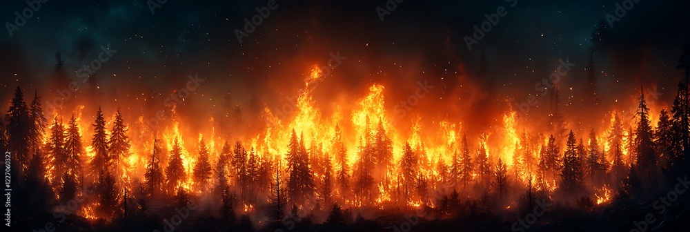 Naklejka premium Intense forest fire engulfing tall trees at night