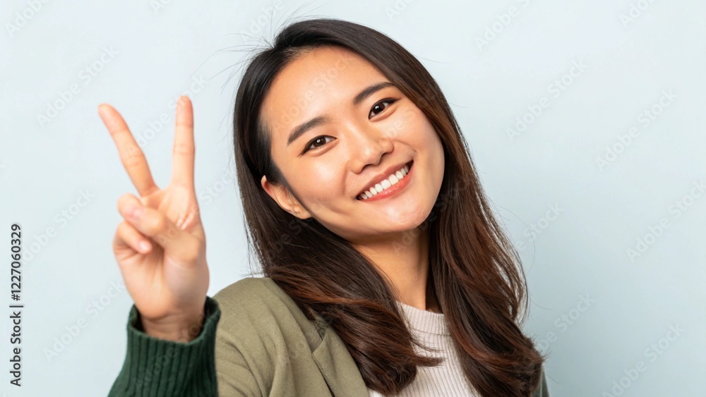 A young woman with long brown hair smiles brightly, showing her teeth. She wears a green jacket over a white top and holds up a peace sign with her fingers against a light blue background A young woman with long brown hair smiles brightly, showing her teeth. She wears a green jacket over a white top and holds up a peace sign with her fingers against a light blue background