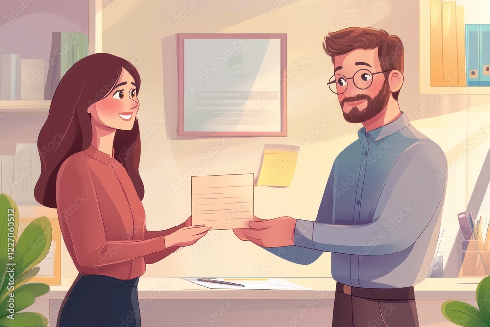 cartoon illustration of two colleagues exchanging document in bright modern office. teamwork and collaboration in professional workplace. business presentation, teamwork, corporate lifestyle cartoon illustration of two colleagues exchanging document in bright modern office. teamwork and collaboration in professional workplace. business presentation, teamwork, corporate lifestyle