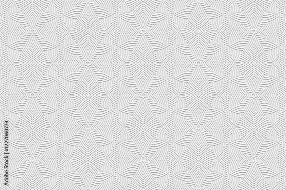 Fototapeta premium Geometric white background, tribal design cover, banner. Floral 3d pattern, embossed, vintage. Ethnic texture, ornaments, arabesques, mandala of the East, Asia, India, Mexico, Aztec, Peru.