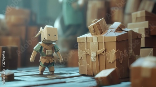 Cardboard Figure Stands Near Large Package
